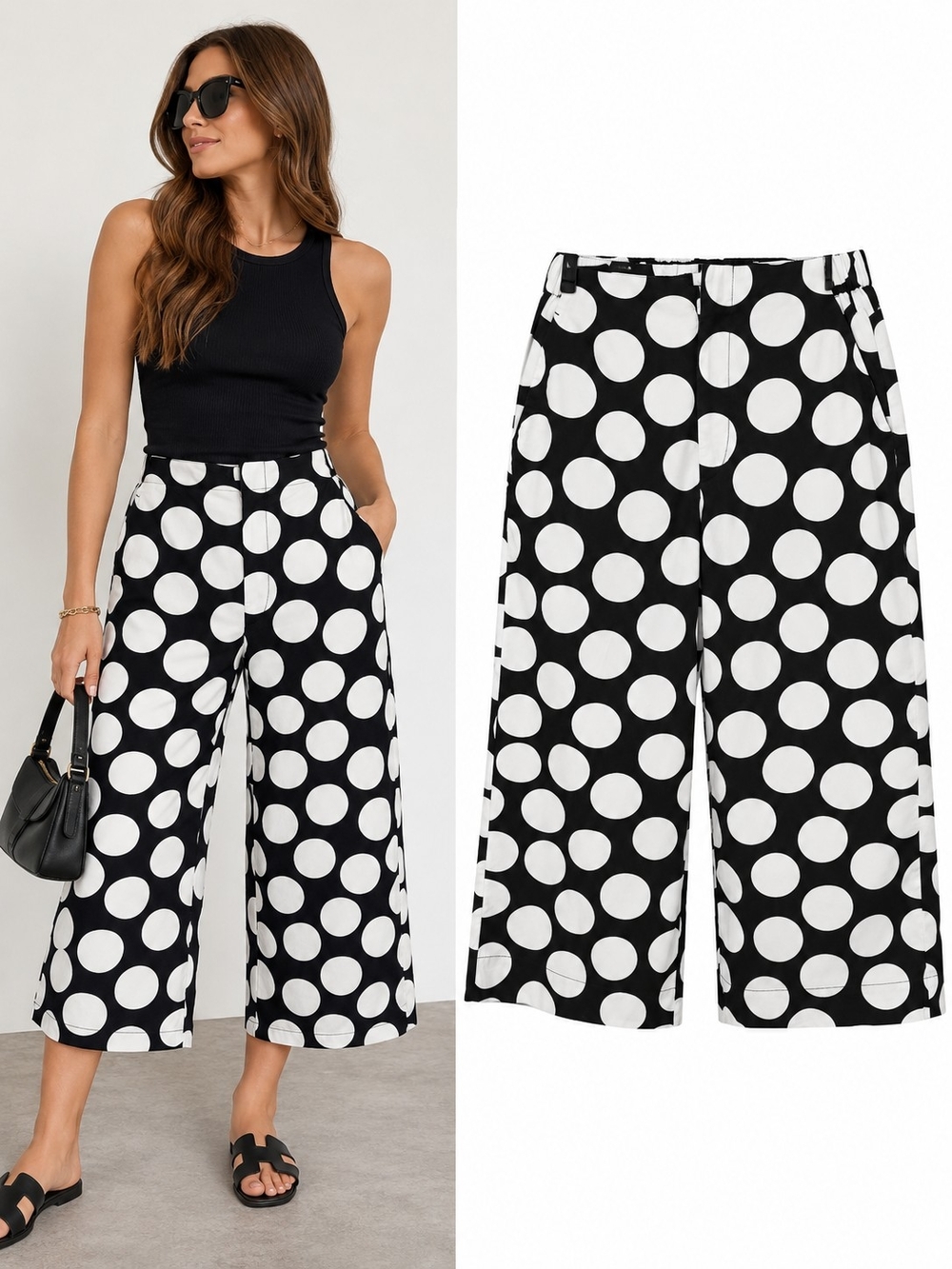 Uniqlo Black & White Polka Dot Wide-Leg Crop Pants
